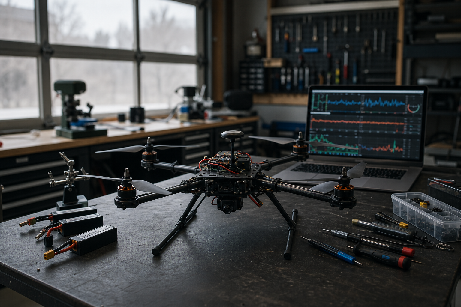 UAV on a workbench with tools and telemetry on a laptop